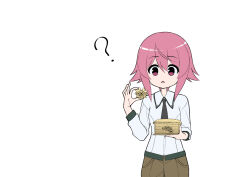  1girl :o ? black_necktie box breasts brown_shorts casual chaos;child confused eye_of_horus green_trim hair_between_eyes highres holding holding_box long_sleeves looking_at_object millennium_puzzle necktie onoe_serika open_mouth otsukanolich parody pink_eyes pink_hair puffy_shorts science_adventure shirt short_hair_with_long_locks short_necktie shorts simple_background small_breasts solo tongue white_background white_shirt yu-gi-oh! yu-gi-oh!_duel_monsters 