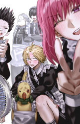  1girl 4boys =_= absurdres anger_vein apron arms_behind_back bandaid bandaid_on_face bandaid_on_nose bird black_hair black_shirt blonde_hair blush brown_eyes closed_eyes collared_shirt commentary_request crossed_arms electric_fan facial_hair frilled_apron frills gomang1201 grey_hair hair_between_eyes hair_bun happy highres looking_at_viewer lu_xiaotang maid maid_apron maid_headdress mashimo_heisuke multiple_boys mustache nagumo_(sakamoto_days) open_mouth pisuke_(sakamoto_days) red_hair round_eyewear sakamoto_days sakamoto_taro shin_(sakamoto_days) shirt short_hair simple_background single_hair_bun socks spiky_hair squatting standing sweat teeth thumbs_up upper_teeth_only v violet_eyes white_apron white_background white_socks wispy_bangs 
