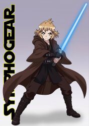  1girl baggy_clothes black_boots bob_cut boots brown_hair brown_robe cloak closed_mouth commentary copyright_name cosplay energy_sword english_commentary floating_clothes full_body gradient_background grey_background hair_ornament hairclip highres holding holding_sword holding_weapon jedi knee_boots kyomeihibiki lightsaber long_sleeves looking_at_viewer mechanical_arms multiple_hairclips robe senki_zesshou_symphogear short_hair simple_background single_mechanical_arm solo standing star_wars sword tachibana_hibiki_(symphogear) tsurime v-shaped_eyebrows weapon white_background wide_sleeves yellow_eyes 