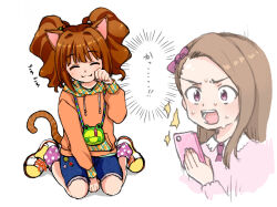  2girls ^_^ animal_ears blue_shorts cat_ears cat_tail cellphone closed_eyes closed_mouth commentary_request facing_viewer hair_intakes hand_up highres holding holding_phone hood hoodie idolmaster idolmaster_(classic) kemonomimi_mode long_sleeves minase_iori multiple_girls naruse_ill orange_hair orange_hoodie paw_pose phone pink_socks polka_dot polka_dot_socks shoes shorts simple_background smartphone smile socks surprised tail takatsuki_yayoi twintails white_background yellow_shoes 