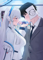  1boy 3girls absurdres black_necktie blue_archive blue_necktie blunt_bangs blush breasts commentary_request doodle_sensei_(blue_archive) empty_eyes eye_contact grey_hair grey_jacket halo headgear hetero highres indoors jacket koyuki_(blue_archive) lanyard large_breasts long_hair long_sleeves looking_at_another multiple_girls necktie noa_(blue_archive) paper_on_head peeking_out pink_hair profile purple_hair pythonhcutenewgenesis seminar_(blue_archive) sensei_(blue_archive) shirt smile staring straight_hair sweatdrop twintails two_side_up very_long_hair white_jacket white_shirt yuuka_(blue_archive) 