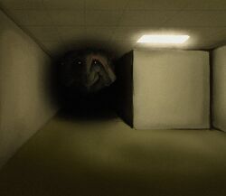  backrooms_(creepypasta) dinosaur english_commentary glowing highres horror_(theme) multiple_heads no_humans shadow still_life_(backrooms) tyrannosaurus_rex vennex white_eyes 