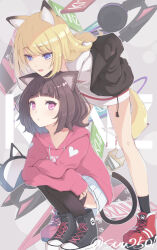  2girls animal_ears black_boots black_jacket black_socks black_thighhighs blonde_hair boots brown_hair cat_ears cat_girl cat_tail commentary dog_ears dog_girl dog_tail highres hood hoodie jacket kmnz leaning_forward lita_(kmnz) liz_(kmnz) long_hair medium_hair miniskirt multiple_girls open_clothes open_jacket open_mouth parted_lips pink_eyes pink_hoodie pleated_skirt red_boots skirt socks squatting standing suu2510 tail thigh-highs twitter_username violet_eyes virtual_youtuber white_hoodie white_skirt 
