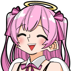  1girl ^_^ angel angel_wings anime_coloring bare_shoulders black_outline blush bow bowtie closed_eyes collar commentary_request detached_collar facing_viewer hair_bow halo kamitsuka_pamiel open_mouth original outline pink_bow pink_hair portrait raised_inner_eyebrows simple_background smile solo teeth traditional_halo two_side_up upper_teeth_only virtual_youtuber wakabayashi_toshiya white_background white_collar white_wings wings yellow_halo 