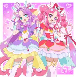  2girls :d ahoge akechi_anna aqua_trim back_bow bare_shoulders blue_bow blue_eyes blunt_bangs blunt_ends blush border bow bowtie braid brooch bubble_background buttons capelet commentary cowboy_shot crossed_legs cure_answer cure_mystique curtained_hair double-breasted double_bun dress earrings finger_gun finger_to_head fingerless_gloves fingernails glove_bow gloves gold_trim gradient_hair hair_bow hair_bun hair_flaps hair_intakes hair_ornament hair_ribbon hand_up heart heart_background heart_brooch heart_in_eye highres holding_hands impossible_hair index_finger_raised interlocked_fingers jewelry kobayashi_mikuru legs_apart long_hair looking_at_viewer magical_girl meitantei_precure! mohurine_cute multicolored_hair multiple_girls nail_polish open_mouth outside_border pact_holder parted_bangs pink_bow pink_bowtie pink_capelet pink_dress pink_hair pink_nails pleated_dress pouch precure purple_background purple_bow purple_bowtie purple_capelet purple_dress purple_hair purple_nails red_bow red_ribbon ribbon side-by-side sidelocks smile standing symbol_in_eye teeth thick_eyebrows thigh-highs twin_braids two-tone_hair upper_teeth_only v-shaped_eyebrows very_long_hair violet_eyes white_border white_gloves white_thighhighs wing_hair_ornament yellow_bow zettai_ryouiki 