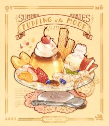  apple_rabbit banana banana_slice blueberry cherry chibi chibi_only chibikemo commentary cream english_commentary food food_art food_focus fruit highres ice_cream mint_leaf nao_(bestrollever) no_humans on_food orange_(fruit) orange_slice original pudding pudding_a_la_mode sherbet_glass sparkle sparkling_aura spoon strawberry wafer yellow_background 