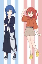  2girls :/ :d absurdres belt black_belt black_choker black_shoes black_skirt black_socks blue_background blue_hair blue_jacket blush bocchi_the_rock! brown_shorts choker collared_shirt commentary_request double-parted_bangs dress_shirt full_body green_eyes hair_between_eyes hand_up high-waist_shorts highres jacket kita_ikuyo long_hair long_skirt medium_hair mimori_(mimori_05) mole mole_under_eye multiple_girls one_side_up open_clothes open_jacket open_mouth pleated_skirt red_background red_hair red_shirt shirt shoes short_shorts short_sleeves shorts sidelocks simple_background skirt smile socks standing striped_background white_background white_shirt yamada_ryo yellow_eyes yellow_shoes 