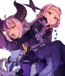  2girls arched_bangs ascot black_capelet black_gloves black_horns braid braided_bangs capelet collar fang gloves hair_wings hand_on_own_face highres hololive horns la+_darknesss la+_darknesss_(1st_costume) metal_collar multicolored_hair multiple_girls murasaki_shion murasaki_shion_(1st_costume) pinstripe_pattern pointy_ears purple_hair purple_thighhighs shio_koneno short_eyebrows single_thighhigh sleeves_past_fingers sleeves_past_wrists streaked_hair striped striped_horns striped_thighhighs thigh-highs thigh_strap virtual_youtuber yellow_ascot yellow_eyes 