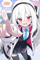  1girl @_@ absurdres annoyed black_thighhighs blue_archive blush bow bright_pupils coat commentary_request frills hair_between_eyes hair_bow halo highres index_finger_raised kei_(blue_archive) kei_(student)_(blue_archive) long_hair long_sleeves nashi_(nashipple1) necktie open_mouth pink_halo pointing pointing_at_viewer red_eyes ringed_eyes school_uniform skirt solo spoken_blush thigh-highs v-shaped_eyebrows white_hair white_pupils zettai_ryouiki 