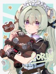 1girl apron black_dress chain character_name commentary_request corin_wickes dress expressionless green_hair hair_between_eyes heart highres hugging_doll hugging_object long_hair looking_at_viewer maid maid_apron maid_headdress puffy_short_sleeves puffy_sleeves screw_hair_ornament short_sleeves simple_background sinposaru solo star_(symbol) stuffed_animal stuffed_toy teddy_bear twintails upper_body violet_eyes zenless_zone_zero 