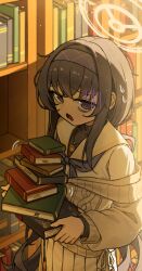 1girl @_@ absurdres black_hair black_shirt blue_archive blue_eyes blue_neckerchief book book_stack bookshelf cardigan commentary_request gloom_(expression) hairband halo highres holding holding_book indoors long_hair long_sleeves looking_at_viewer motion_lines munbinggu neckerchief off_shoulder open_mouth raised_eyebrows sailor_collar shirt shirt_under_shirt sidelocks skirt solo standing ui_(blue_archive) white_shirt white_skirt 