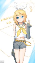  1girl absurdres bare_shoulders belt black_sailor_collar black_shorts black_sleeves blonde_hair blue_eyes bow breasts commentary_request detached_sleeves hair_ornament hairclip hand_up highres iizeru_easel kagamine_rin leg_warmers looking_at_viewer navel neckerchief parallel_hairclips sailor_collar shirt short_hair shorts sleeveless sleeveless_shirt sleeves_past_wrists small_breasts smile treble_clef vocaloid white_bow white_shirt yellow_belt yellow_neckerchief yellow_trim 