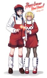  1boy 1girl absurdres aqua_eyes aqua_hair black_hair blonde_hair blue_shoes brown_thighhighs chinese_new_year dress fireworks fur-trimmed_legwear fur_trim genshin_impact haryu_chee hat high_heels highres holding holding_fireworks hood hoodie long_sleeves lumine_(genshin_impact) overalls red_dress red_hat red_overalls red_shoes red_shorts shoes shorts smile teeth thigh-highs venti_(genshin_impact) white_hoodie yellow_eyes 