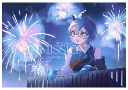  1girl arcaea artist_name ayu_(arcaea) bare_shoulders black_sleeves blue_bow blue_bowtie bow bowtie collared_dress commission detached_sleeves dress fang fireworks frilled_sleeves frills glasses green_bow green_hair hair_between_eyes hair_bow highres kimono_dress open_mouth short_hair signature sleeves_past_fingers sleeves_past_wrists smile solo twitter_username two-tone_bow watermark white_sleeves y0zm0xd3 yellow_eyes 