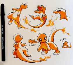 animal_focus artist_name charmander claws commentary english_commentary english_text fire full_body highres jumping looking_at_viewer marker marker_(medium) monochrome multiple_views no_humans open_mouth orange_theme pokemon pokemon_(creature) pokemon_focus profanity sifyro simple_background standing traditional_media white_background 