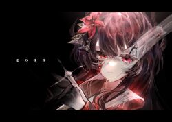  1girl black_background black_hair black_horns black_shirt closed_mouth collared_shirt commentary crystal_sword extra_ears extra_eyes flower hair_flower hair_ornament highres holding holding_sword holding_weapon horns long_hair long_sleeves looking_at_viewer mahou_shoujo_no_majo_saiban necktie nikaido_hiro red_eyes red_flower red_necktie shirt simple_background solo spoilers sword tslhn_e untranslatable_commentary weapon white_shirt witch_(manosaba) 