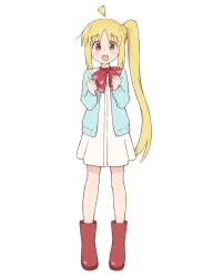  1girl :d ahoge blonde_hair blue_cardigan blush bocchi_the_rock! boots bow bow_choker cardigan choker commentary_request detached_ahoge dress full_body highres ijichi_nijika long_hair long_sleeves looking_at_viewer mimori_(mimori_05) open_cardigan open_clothes open_mouth red_boots red_bow red_choker red_eyes sailor_dress side_ponytail sidelocks simple_background smile solo very_long_hair white_background white_dress 