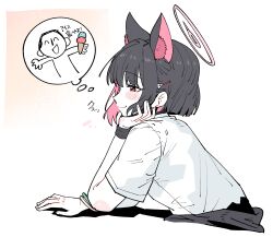  1boy 1girl absurdres animal_ears black_hair black_mask blue_archive cat_ears cat_girl closed_mouth colored_inner_animal_ears colored_inner_hair commentary doodle_sensei_(blue_archive) extra_ears food halo highres holding holding_food holding_ice_cream ice_cream kazusa_(band)_(blue_archive) kazusa_(blue_archive) mask mouth_mask multicolored_hair pink_hair pink_halo sensei_(blue_archive) shirt short_sleeves smile white_shirt wujurana 