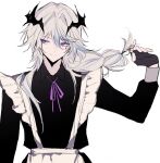  1boy alternate_costume apron arknights black_dress black_gloves braid closed_mouth dragon_boy dragon_horns dress enmaided fingerless_gloves gloves hair_between_eyes hair_intakes horns latte_hnkn long_hair long_sleeves looking_to_the_side maid maid_apron male_focus purple_ribbon puzzle_(arknights) ribbon simple_background solo upper_body violet_eyes white_background white_hair 