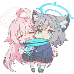  2girls ahoge animal_ear_fluff animal_ears aqua_scarf blazer blue_archive blue_eyes blue_halo blue_necktie chibi chibi_only closed_eyes cross cross_hair_ornament drive_shot grey_hair hair_between_eyes hair_ornament halo highres hoshino_(blue_archive) huge_ahoge inverted_cross jacket long_hair multiple_girls necktie open_mouth pink_hair pink_halo scarf shiroko_(blue_archive) shiroko_(young)_(blue_archive) short_hair simple_background smile white_background wolf_ears wolf_girl 