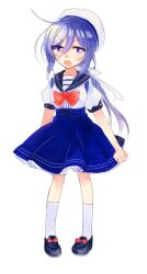  1girl ahoge annoyed black_shoes blue_sailor_collar blush bow breasts chaos;child chest_bow child commentary_request deformed dress footwear_bow full_body hat kneehighs kunosato_mio kurusu_(kurusu18) loafers long_hair petticoat ponytail puffy_short_sleeves puffy_sleeves purple_hair red_bow sailor_collar sailor_dress sailor_hat science_adventure shoes short_sleeves simple_background small_breasts socks solo v-shaped_eyebrows very_long_hair violet_eyes white_hat white_socks 