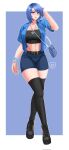  1girl 2023 alternate_costume aqua_(kingdom_hearts) bag blue_eyes blue_hair clothing_cutout dappa1402_(artist) handbag highres jewelry kingdom_hearts necklace shorts stomach_cutout thigh-highs 