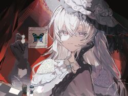  1girl black_gloves blue_butterfly bug butterfly chess_piece chinese_commentary closed_mouth commentary_request curtains flower framed_insect frilled_sleeves frills gloves grey_eyes hand_on_own_cheek hand_on_own_face hands_up hat hat_flower holding holding_chess_piece long_hair long_sleeves looking_at_viewer mahou_shoujo_no_majo_saiban mengmu nikaido_hiro picture_frame sakuraba_ema smile spoilers tsukishiro_yuki white_flower white_hair white_hat 