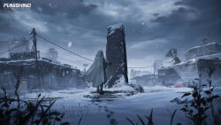  1other absurdres ambiguous_gender black_boots black_gloves boots cape character_request clouds cloudy_sky copyright_name gloves highres hood hood_up official_art official_wallpaper outdoors power_lines punishing:_gray_raven satellite_dish scenery sky snow snowing solo standing white_cape wide_shot 
