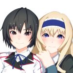  2girls amagami black_hair black_sailor_collar blonde_hair blue_eyes blue_hairband blue_ribbon bob_cut brown_eyes cecilia_alcott closed_mouth crossover drill_hair hairband highres infinite_stratos infinite_stratos_academy_school_uniform jacket kibito_high_school_uniform long_hair looking_at_viewer multiple_girls nanasaki_ai neck_ribbon oshizu ribbon sailor_collar school_uniform short_hair simple_background voice_actor_connection white_background white_jacket yukana 