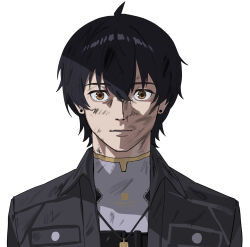  1boy ahoge black_hair black_jacket closed_mouth collared_jacket commentary cyberpunk:_edgerunners cyberpunk_(series) david_martinez_stare_(meme) dirty dirty_face earrings grey_shirt hair_between_eyes highres jacket jewelry leppib looking_at_viewer male_focus male_rover_(wuthering_waves) medium_hair meme necklace portrait rover_(wuthering_waves) scene_reference shirt simple_background solo straight-on stud_earrings untranslatable_commentary white_background wuthering_waves yellow_eyes 
