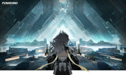  1girl absurdres back_cutout bare_shoulders black_skirt character_request clothing_cutout copyright_name elbow_gloves from_behind gloves grey_hair highres holographic_interface long_hair official_art official_wallpaper ponytail punishing:_gray_raven science_fiction skirt sleeveless sleeveless_turtleneck solo turtleneck upper_body white_gloves 