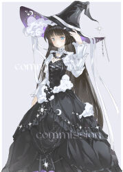  1girl absurdres askeladd6713 bat_wings beads black_dress blue_eyes blunt_bangs border breasts chinese_commentary commentary_request commission crescent_moon cross dress feet_out_of_frame fluff four-pointed_star frilled_dress frilled_sleeves frills gown grey_background hand_on_headwear hand_up hat highres jewelry large_hat lolita_fashion long_hair long_sleeves looking_at_viewer moon necklace original outside_border parted_lips ribbon shrug_(clothing) simple_background small_breasts solo sparkle sun_symbol very_long_hair white_border white_ribbon white_shrug wings witch witch_hat 