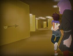  2girls 7979_qq amity_blight backrooms_(creepypasta) black_pantyhose blue_shirt brown_hair clenched_hand dark-skinned_female dark_skin grey_shorts highres holding_hands indoors luz_noceda multiple_girls pantyhose purple_hair running shadow shirt short_hair short_shorts shorts the_owl_house two-tone_shirt white_shirt 