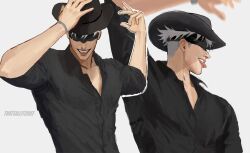  alternate_costume arm_up artist_name black_hat black_shirt blindfold bracelet collared_shirt commentary cowboy_hat dancing english_commentary facing_away facing_viewer gojo_satoru hand_on_headwear hat highres jewelry jujutsu_kaisen motion_lines multiple_views open_collar shirt silver_bracelet smile teeth thatsallitchief tongue tongue_out upper_body white_background white_hair 