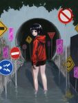  1girl absurdres black_eyes black_hair black_shorts closed_mouth highres hood hoodie light_smile looking_back okura_lino original red_hoodie road_sign scenery short_hair shorts sign soaking_feet solo standing 