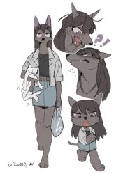  !? 1girl animal animal_ears bag barefoot belt black_shirt blush body_fur brown_eyes brown_fur brown_hair cat chibi chibi_inset digitigrade dog_ears dog_girl dog_tail fang fang_out furry furry_female guagua977 holding holding_animal holding_cat jacket long_hair mole mole_under_eye multiple_views open_mouth original pencil_skirt plastic_bag shirt skirt sleeves_rolled_up snout tail white_cat white_jacket 