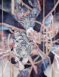  1girl bare_shoulders barefoot highres kelogsloops long_hair looking_at_viewer original painting_(medium) solo tiger traditional_media watercolor_(medium) white_fur white_hair white_tiger 