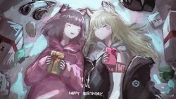  2girls :d ^_^ absurdres animal_ear_fluff animal_ears black_jacket blonde_hair brown_hair cat_ears cat_girl closed_eyes dog_ears dog_girl ficty gift grin happy_birthday highres holding holding_gift hood hoodie indie_virtual_youtuber jacket kmnz lita_(kmnz) liz_(kmnz) long_hair lying medium_hair multiple_girls on_back open_clothes open_jacket pink_hoodie py-2 smile somunia stuffed_animal stuffed_crocodile stuffed_toy virtual_youtuber white_hoodie yaca_(ficty) 