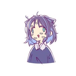  1girl blue_hair blue_shirt cho_kaguya-hime! commentary cone_hair_bun english_commentary green_eyes hair_bun headphones headphones_around_neck implied_yuri lipstick_mark open_mouth sakayori_iroha sher_(imnotsher) shirt simple_background solo white_background 