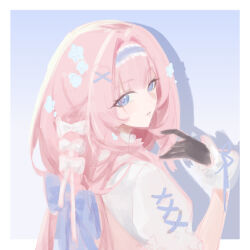  1girl black_gloves blue_background blue_eyes blue_hairband border bow chinese_commentary commentary_request elysia_(honkai_impact) gloves hair_bow hairband honkai_(series) honkai_impact_3rd long_hair multiple_hair_bows pink_hair pmmg solo very_long_hair white_border white_bow 