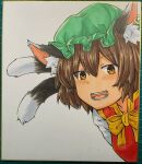  1girl animal_ear_fluff animal_ear_piercing animal_ears blush bow bowtie breasts brown_eyes brown_hair cat_ears cat_tail chagamaka chen double-parted_bangs earrings green_headwear hair_between_eyes half-closed_eyes hat highres jewelry looking_at_viewer mob_cap multiple_tails nekomata open_mouth red_vest short_hair simple_background single_earring small_breasts smile solo tail teeth touhou traditional_media two_tails upper_body vest white_background yellow_bow yellow_bowtie 