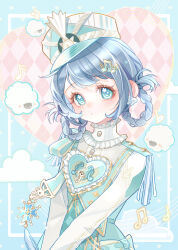  1girl :o absurdres animal aqua_dress aqua_eyes aqua_vest argyle_background blue_background blue_hair braid braided_hair_rings brooch chinese_commentary choker clearsky_symphony_(infinity_nikki) cloud_earrings commentary_request dot_nose dress dress_shirt epaulettes expressionless eyelashes flower_in_eye frilled_choker frills hair_ornament hair_rings hat head_tilt heart heart_brooch heart_print highres infinity_nikki jewelry light_blush long_sleeves medal military_uniform musical_note musical_note_hair_ornament musical_staff nikki_(series) outside_border parted_lips print_vest shako_cap sheep shirt shirt_under_dress short_hair solo striped_clothes striped_headwear symbol_in_eye tareme upper_body vertical-striped_clothes vertical-striped_headwear vest white_choker white_hat white_shirt xiaoyu_qixing 