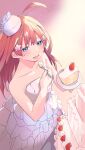  1girl absurdres ahoge bare_arms bare_shoulders blue_eyes cake cake_slice collarbone dress eating food from_above fruit go-toubun_no_hanayome hair_ornament highres nakano_itsuki open_mouth redhead solo standing star_(symbol) star_hair_ornament strapless strapless_dress strawberry strawberry_cake valentine_(02140314c) wedding_dress white_headwear 