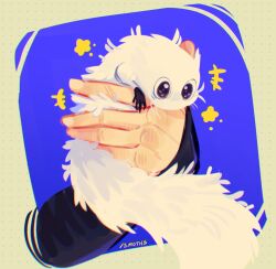  absurdres artist_name blue_background brushbuddy commentary creature disembodied_hand english_commentary fluffy highres holding holding_creature sarcasticmoths simple_background star_(symbol) tongari_boushi_no_atelier two-tone_background violet_eyes white_background white_fur 