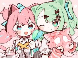  1other 2girls aqua_streaks aria_(human)_(zenless_zone_zero) aria_(zenless_zone_zero) arm_warmers blue_eyes blush bow closed_mouth commentary_request dress green_eyes green_hair hair_ornament hairclip hug looking_at_another multicolored_hair multiple_girls one_eye_closed open_mouth pachikuri_(udon_zaru) pink_arm_warmers pink_background pink_hair shirt simple_background smile streaked_hair striped_arm_warmers sunna_(zenless_zone_zero) white_dress white_shirt white_wings wings zenless_zone_zero 
