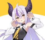  1girl ahoge ascot bare_shoulders black_horns braid braided_bangs grey_hair hololive horns imosato_(imosato555) la+_darknesss la+_darknesss_(1st_costume) long_hair looking_at_viewer multicolored_hair nail_polish open_mouth pointy_ears purple_hair purple_nails solo streaked_hair striped_horns virtual_youtuber yellow_ascot 