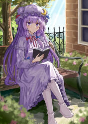  1girl absurdres blue_bow blue_sky book boots bow capelet closed_mouth commentary_request crescent crescent_hat_ornament crossed_legs day dress hair_bow hat hat_ornament highres holding holding_book knee_boots long_hair long_sleeves looking_at_viewer mob_cap neck_ribbon on_bench open_book outdoors patchouli_knowledge pink_boots pink_capelet pink_hat red_ribbon ribbon sitting sky solo striped_clothes striped_dress touhou tree vertical-striped_clothes vertical-striped_dress very_long_hair violet_eyes yuki_(snowmaiden) 