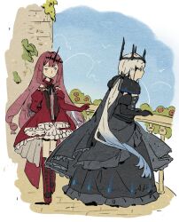  2girls absurdres baobhan_sith_(fate) baobhan_sith_(first_ascension)_(fate) black_dress black_tiara blue_eyes chinese_commentary commentary_request dress fate/grand_order fate_(series) fur_trim hair_between_eyes highres long_hair morgan_le_fay_(fate) mother_and_child mother_and_daughter multiple_girls parent_and_child pink_hair pointy_ears ponytail tiara very_long_hair white_hair yebeiming 