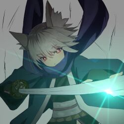  1girl :o animal_ear_fluff animal_ears black_gloves black_kimono commentary_request fingerless_gloves glint gloves grey_background grey_hair hair_between_eyes highres holding holding_sword holding_weapon japanese_clothes katana kimono long_sleeves nyaha obi original parted_lips red_eyes sash simple_background solo sword weapon wide_sleeves 