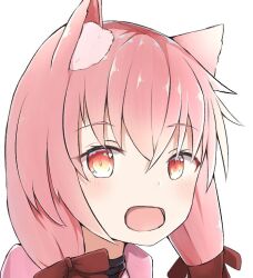  1girl :d animal_ear_fluff animal_ears blush bow commentary_request hair_between_eyes hair_bow long_hair looking_at_viewer nyaha original pink_hair portrait red_bow red_eyes simple_background smile solo white_background 